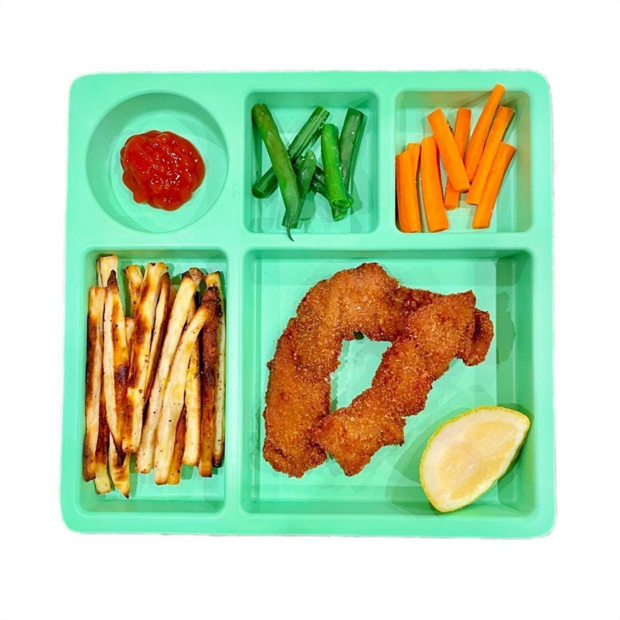 fried chicken and vegetables in compartments on a divided plate