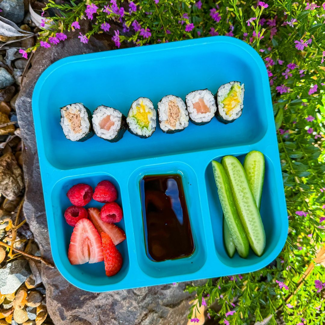 sushi rolls and vegetables on our bento plate