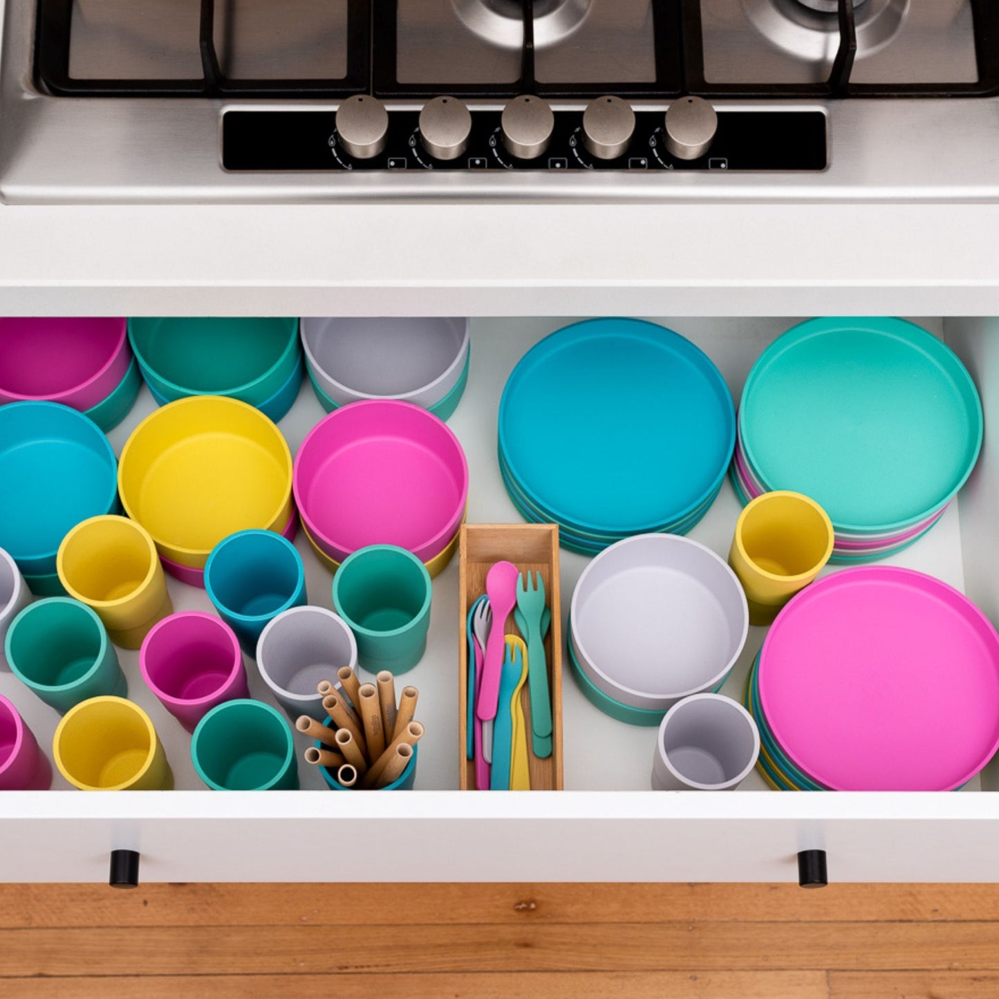 bobo&boo plant-based dinnerware range displayed beautifully in a drawer
