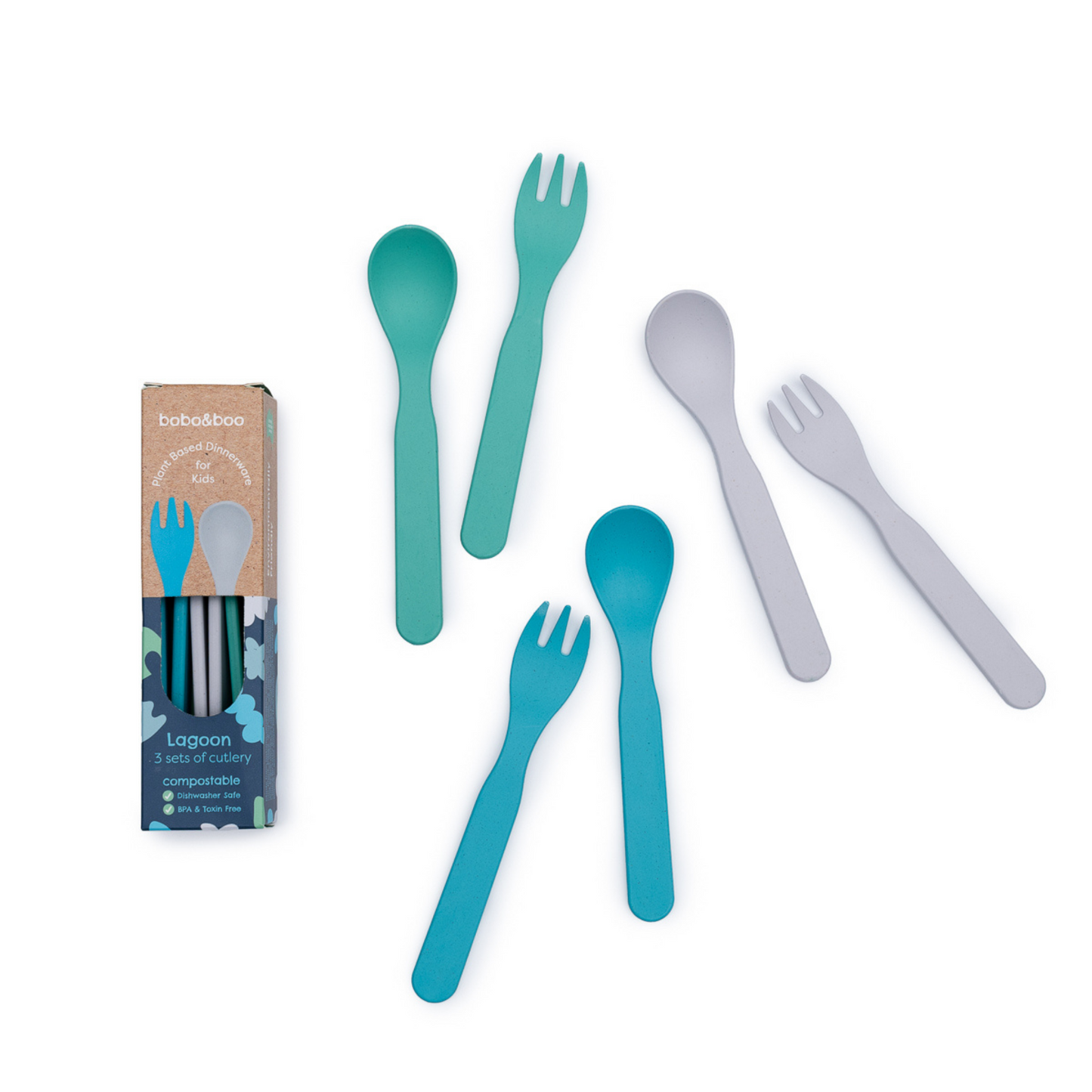 bamboo plant-based cutlery sets in Lagoon colour scheme with forks & spoons next to their gift box