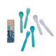 bamboo plant-based cutlery sets in Lagoon colour scheme with forks & spoons next to their gift box