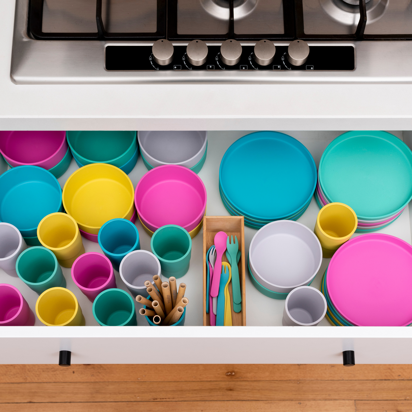 bobo&boo colourful and eco dinnerware in a kitchen drawer for kids