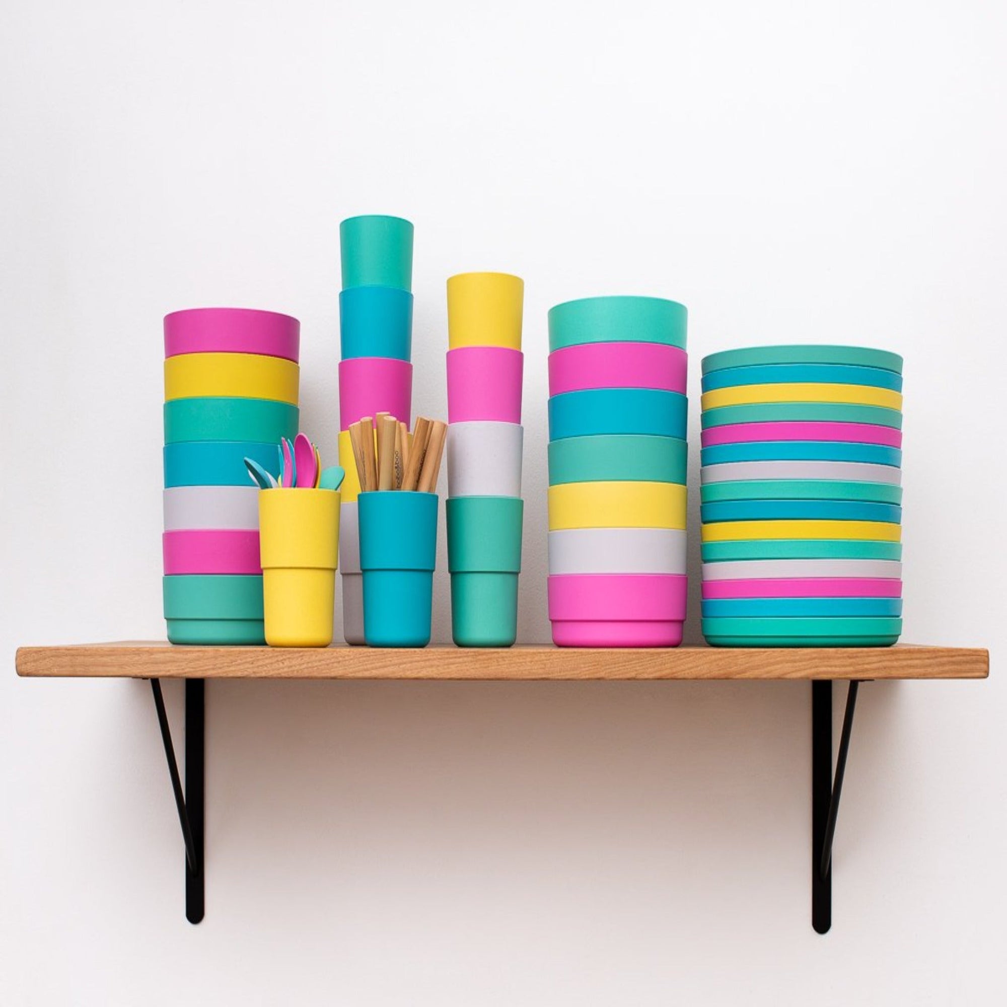 Bamboo Plant Based Dinnerware sets displayed like a rainbow