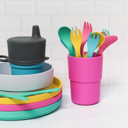 bobo&boo dishes including cutlery on a bench top looking vibrant & colourful