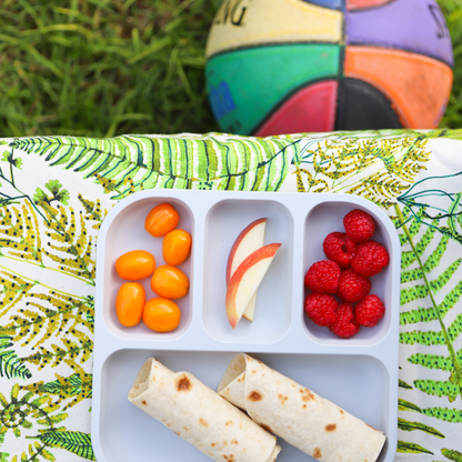 bobo&boo plant-based grey bento plate with snacks in the sections 