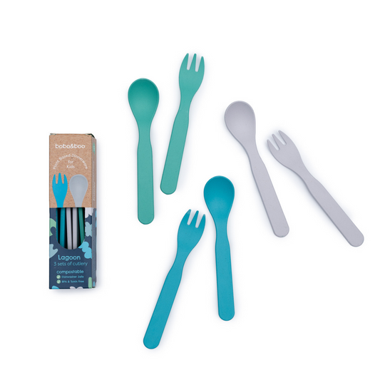 bamboo plant-based cutlery sets in Lagoon colour scheme with forks & spoons next to their gift box 