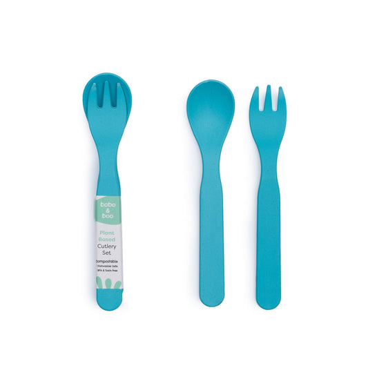 bobo&boo plant-based cutlery shown as a pair in blue