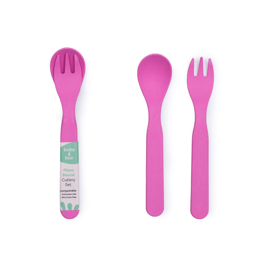 bobo&boo plant-based cutlery in pink fork and spoon