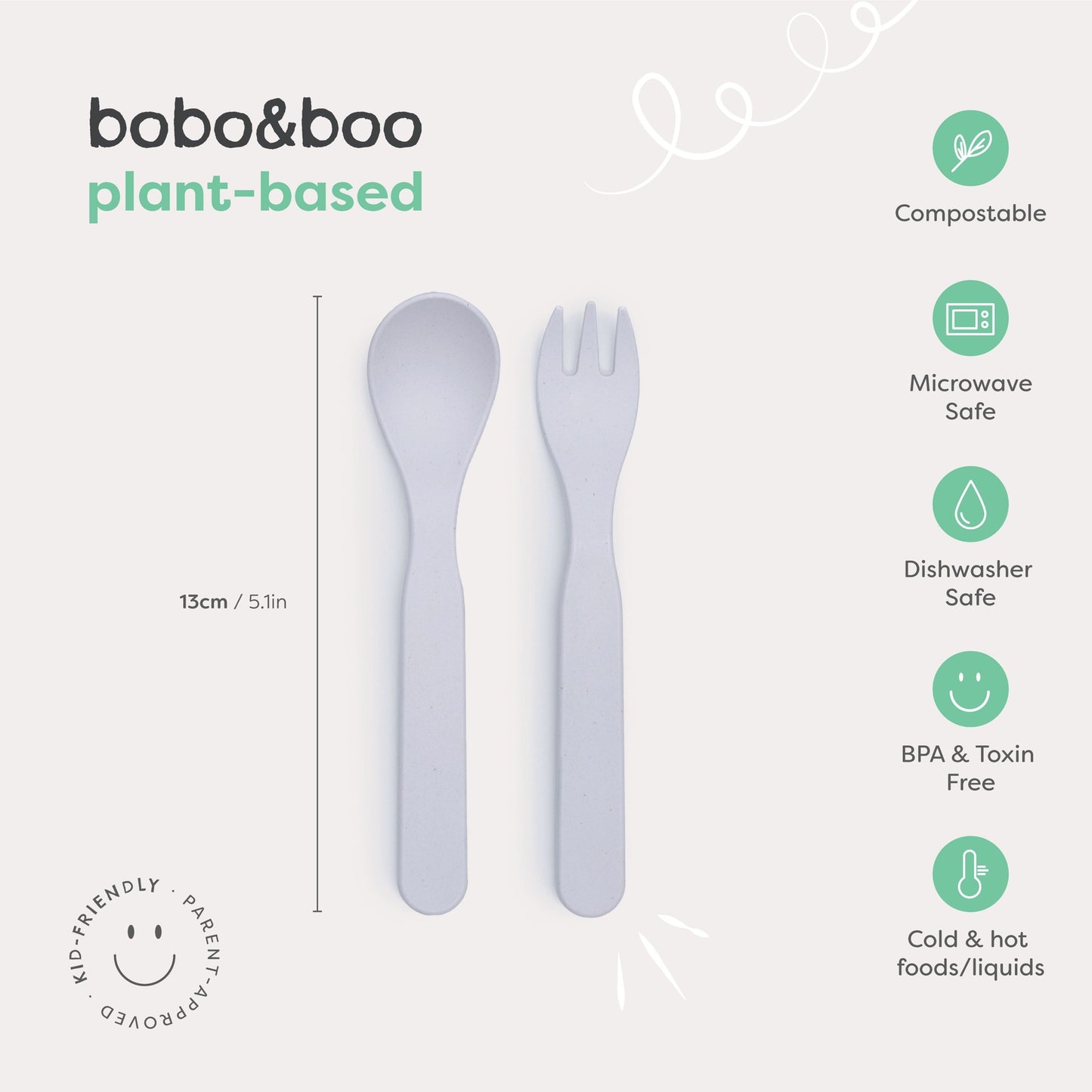 Bobo&boo measurements for cutlery sets including forks & spoons in grey