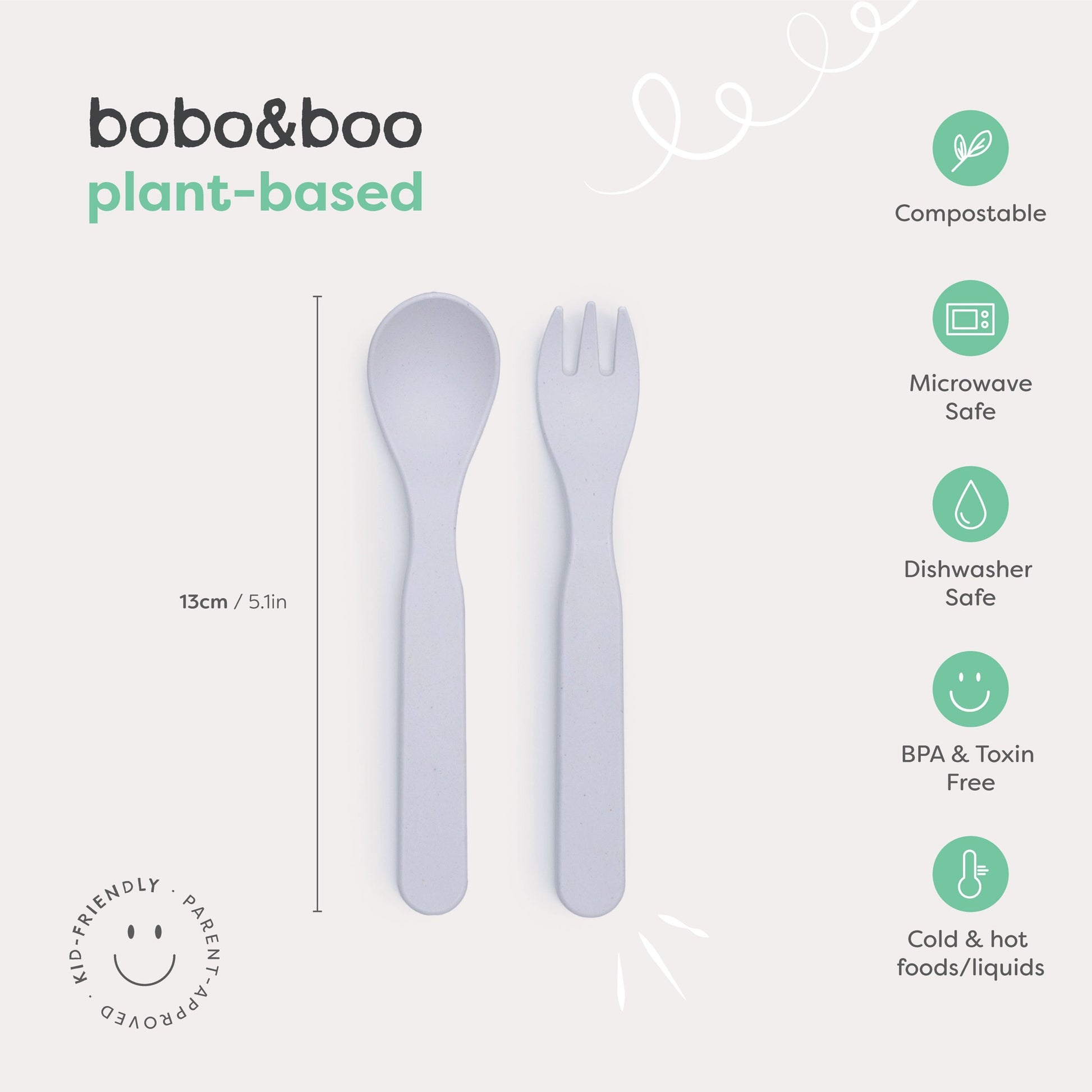 Bobo&boo measurements for cutlery sets including forks & spoons in grey