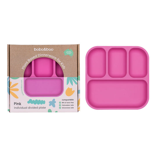 bobo&boo pink divided plate showing next to it's colourful gift box