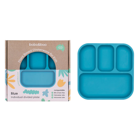 bobo&boo plant-based divided plate in blue next to their gift box