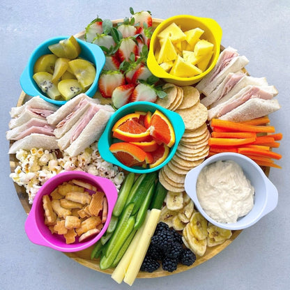 bamboo plant-based snack platter with bobo&boo snack bowls being used with nibbles